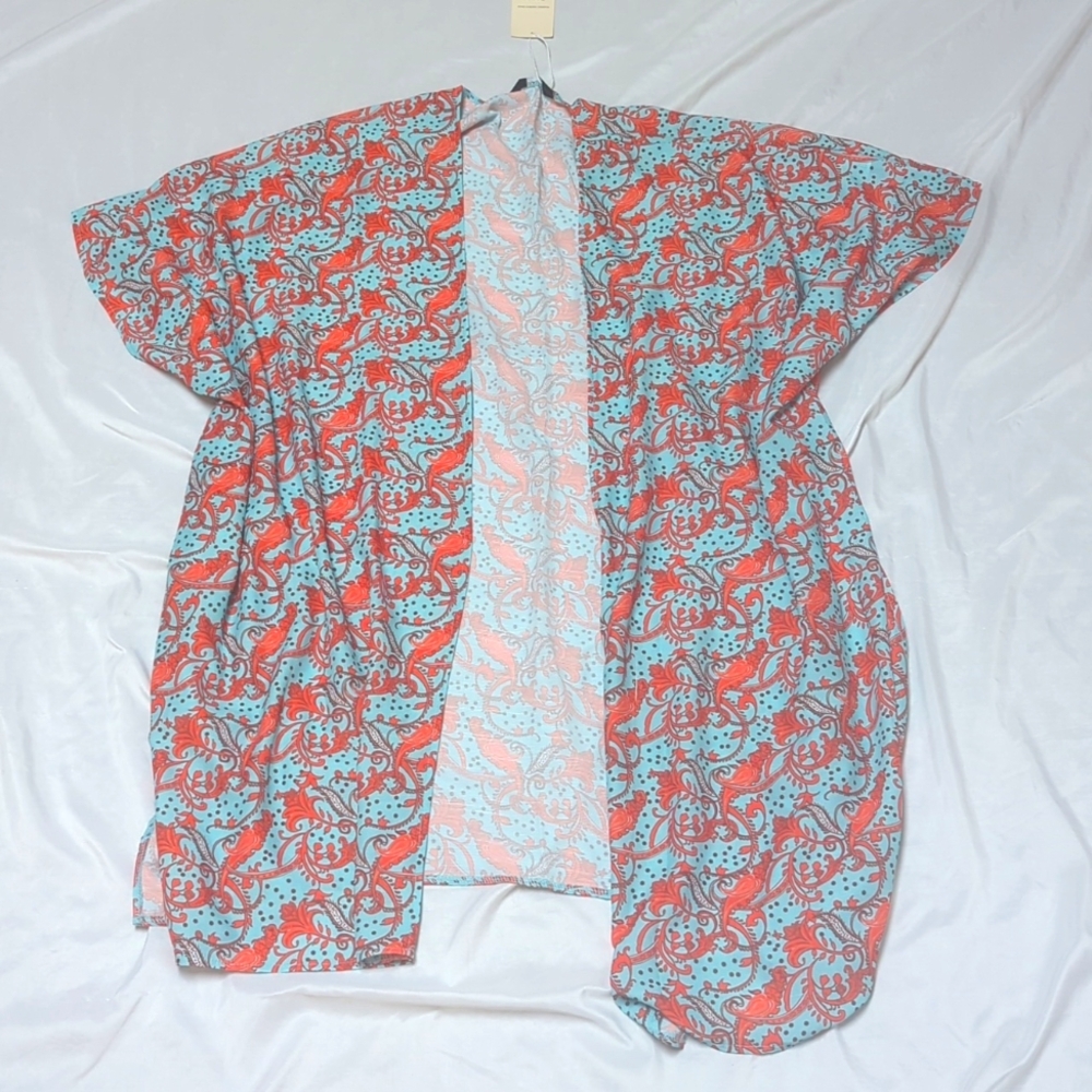 NWT Teal & Orange Fillagree Open Front Bohemian Long Line Short Sleeve Kimono